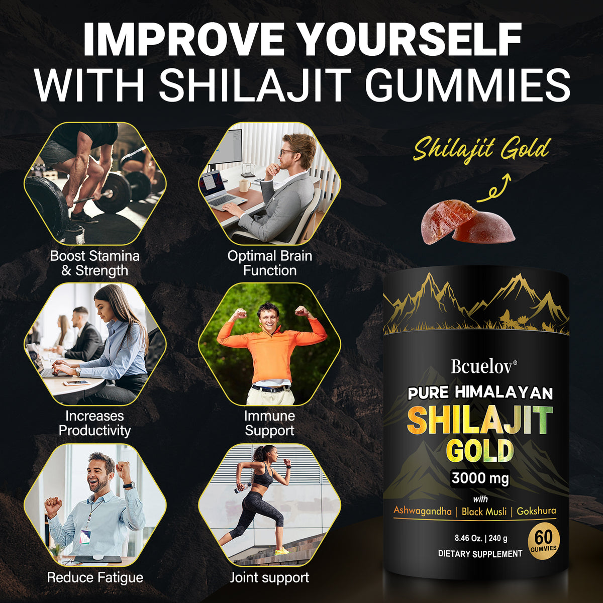 Bcuelov Himalayan Shilajit Gold Gummies with Ashwagandha & Black Musli – 60 Gummies