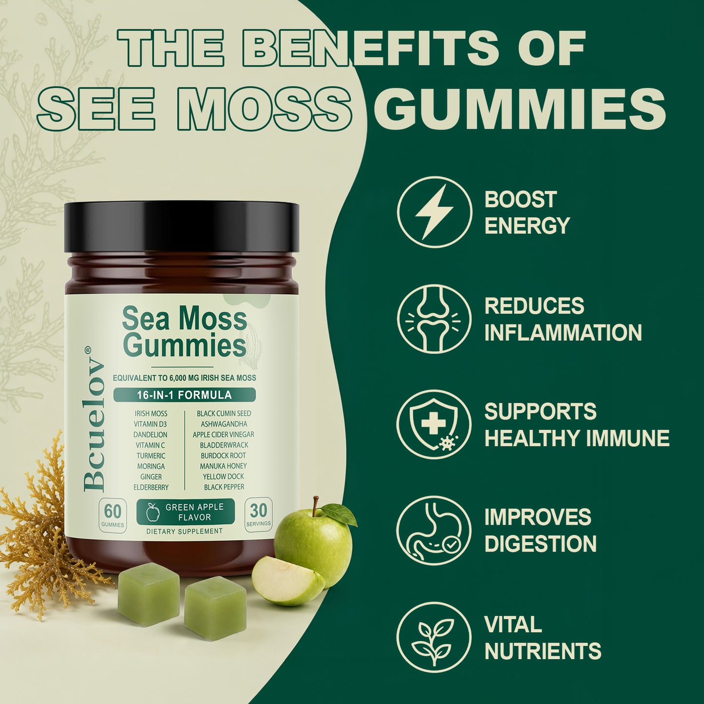 Bculeov® 16-in-1 Sea Moss Gummies 6,000mg – Irish Sea Moss Supplement with Black Seed Oil, Ashwagandha & ACV for Immune & Thyroid Support (Green Apple)