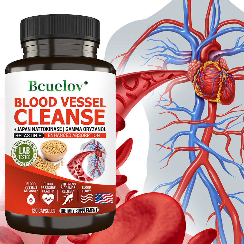 Bcuelov® Blood Vessel Cleanse – Nattokinase, Gamma Oryzanol & Elastin for Blood Vessel & Circulation Support | 30 / 60 / 120 Capsules