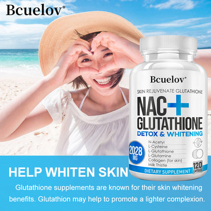 Bcuelov® NAC + Glutathione – N-Acetyl-L-Cysteine, L-Glutathione & Vitamin C for Antioxidant & Skin Health Support | 30 / 60 / 120 Capsules