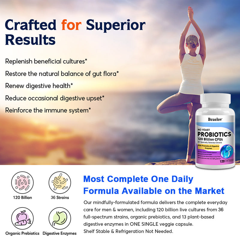 Bcuelov® 120 Billion Probiotics, Prebiotics & Digestive Enzymes – Digestive & Immune Support | 30 / 60 / 120 Capsules