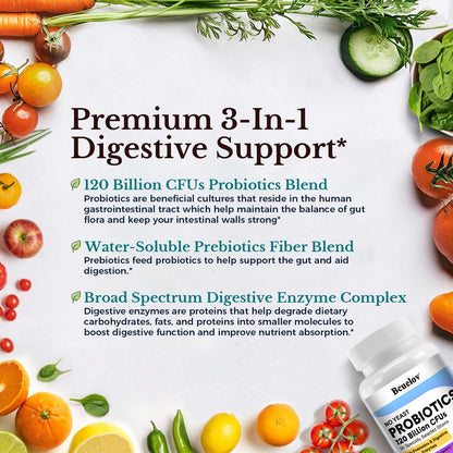 Bcuelov® 120 Billion Probiotics, Prebiotics & Digestive Enzymes – Digestive & Immune Support | 30 / 60 / 120 Capsules