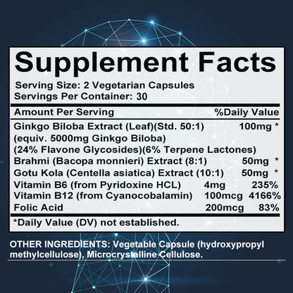 Bcuelov® Ginkgo Biloba 5000mg – Brain & Memory Support with B Vitamins | 30 / 60 / 120 Capsules