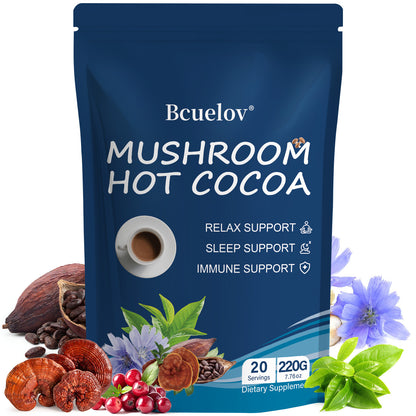 Bcuelov® Mushroom Hot Cocoa, Cocoa Powder with Reishi Mushroom, Melatonin, etc