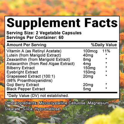 Bcuelov® Lutein Eye+ – 9-Nutrient Eye & Vision Support with Zeaxanthin, Astaxanthin & Bilberry | 30 / 60 / 120 Capsules