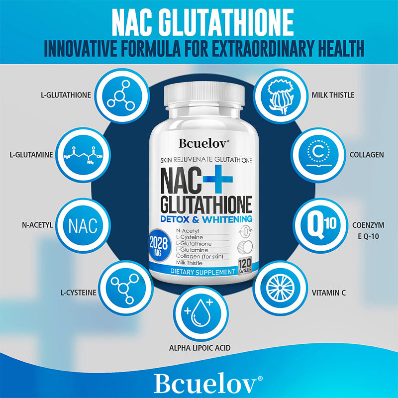 Bcuelov® NAC + Glutathione – N-Acetyl-L-Cysteine, L-Glutathione & Vitamin C for Antioxidant & Skin Health Support | 30 / 60 / 120 Capsules