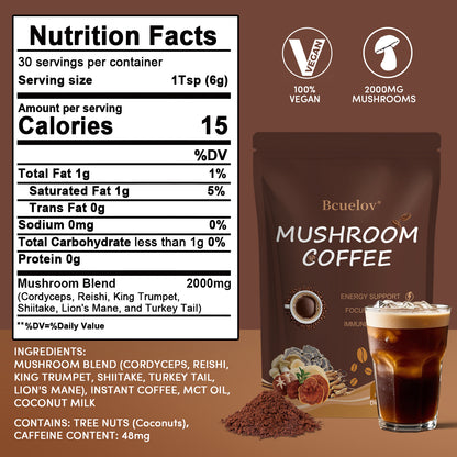 Bcuelov® Instant Mushroom Coffee for Energy & Focus – 6 Mushrooms + MCT