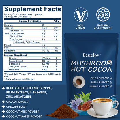 Bcuelov® Mushroom Hot Cocoa, Cocoa Powder with Reishi Mushroom, Melatonin, etc