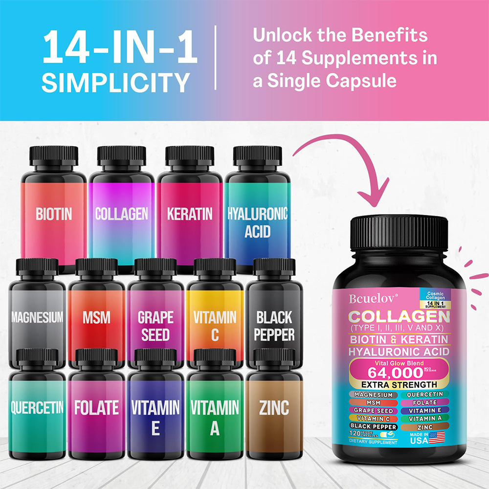 Bcuelov® Multi-Type Collagen – Biotin, Keratin & Hyaluronic Acid Support | 30 / 60 / 120 Capsules