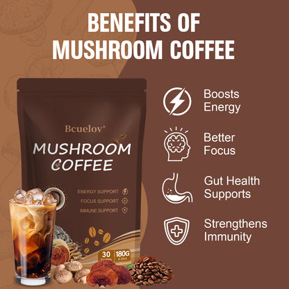 Bcuelov® Instant Mushroom Coffee for Energy & Focus – 6 Mushrooms + MCT