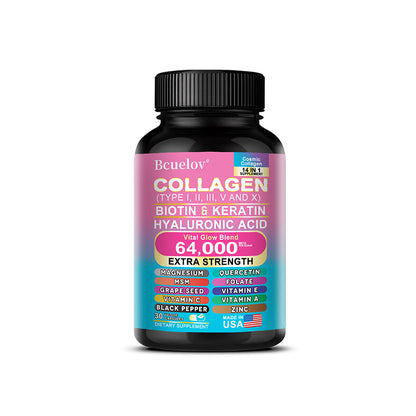 Bcuelov® Multi-Type Collagen – Biotin, Keratin & Hyaluronic Acid Support | 30 / 60 / 120 Capsules