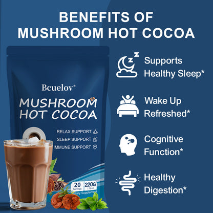 Bcuelov® Mushroom Hot Cocoa, Cocoa Powder with Reishi Mushroom, Melatonin, etc