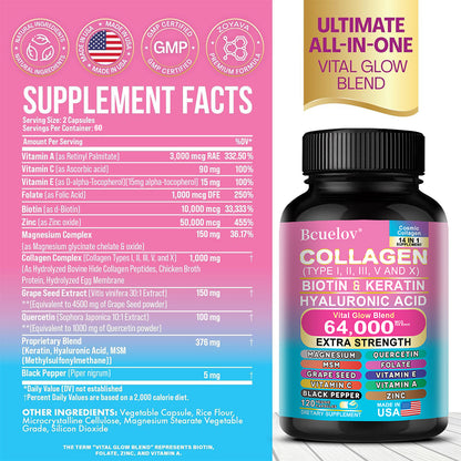 Bcuelov® Multi-Type Collagen – Biotin, Keratin & Hyaluronic Acid Support | 30 / 60 / 120 Capsules