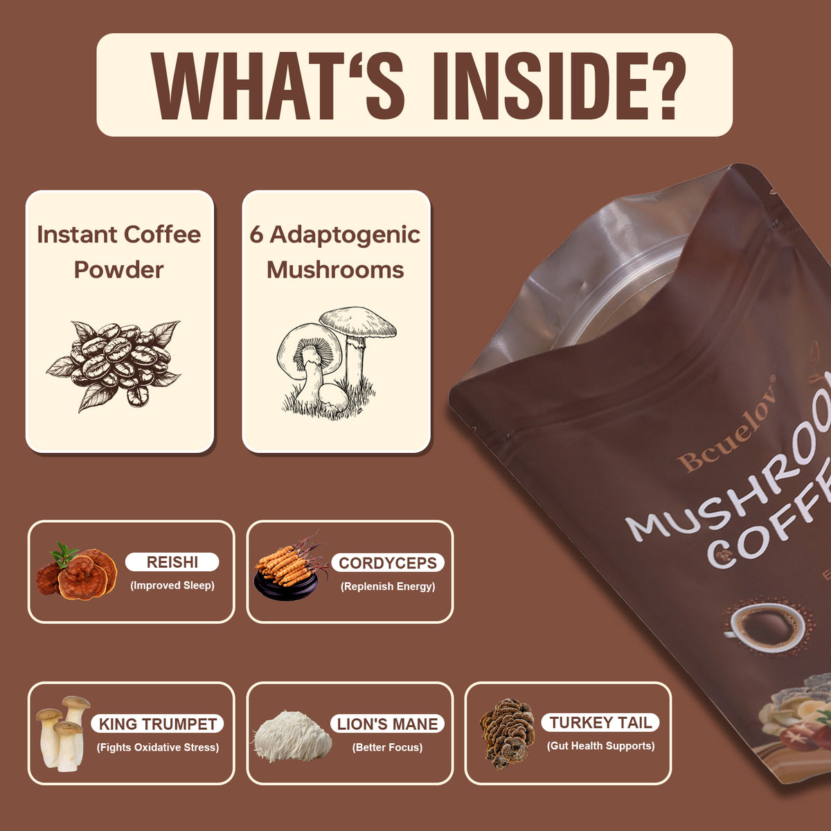 Bcuelov® Instant Mushroom Coffee for Energy & Focus – 6 Mushrooms + MCT