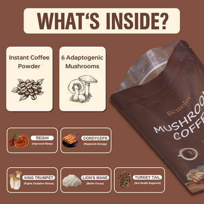 Bcuelov® Instant Mushroom Coffee for Energy & Focus – 6 Mushrooms + MCT