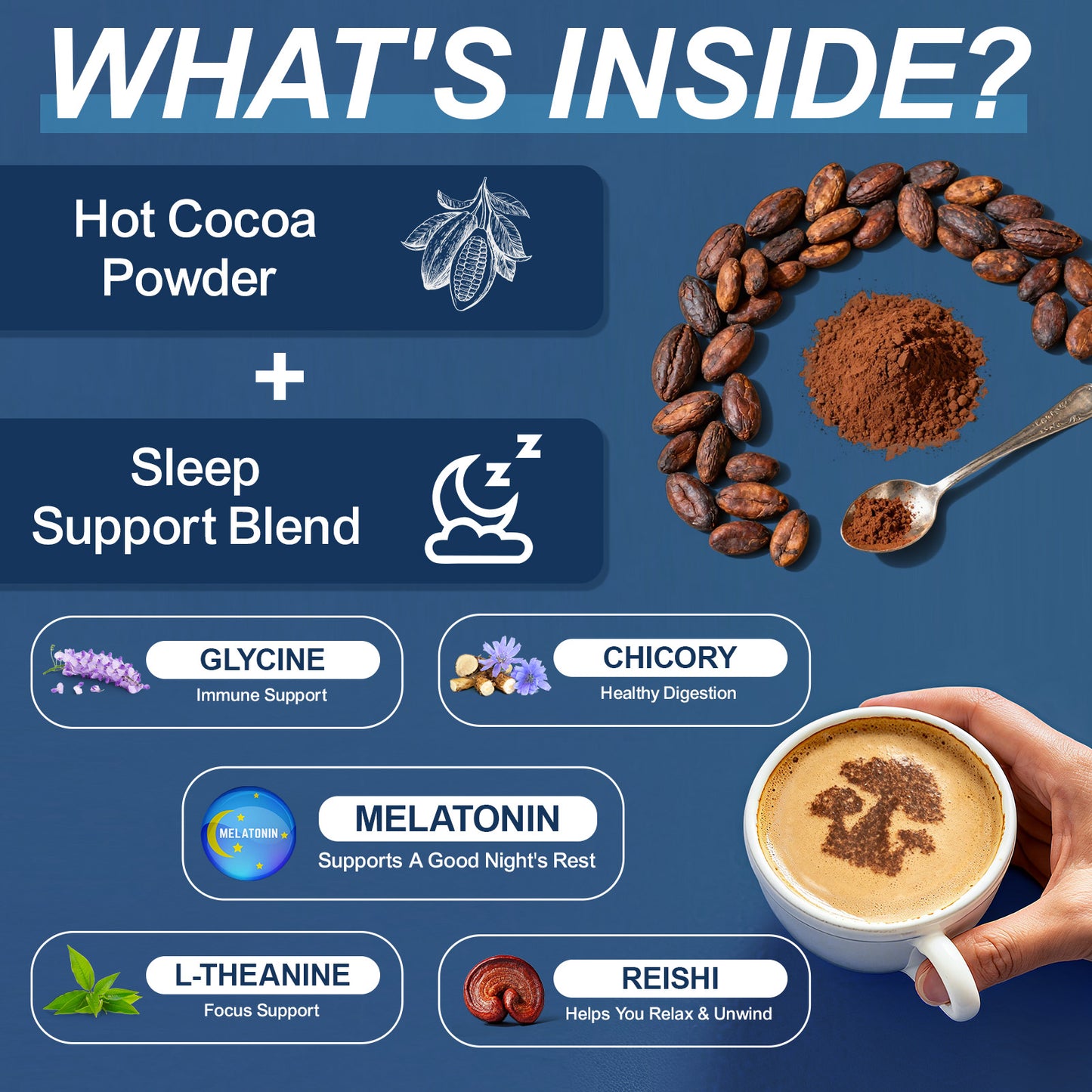Mushroom Hot Cocoa, Cocoa Powder with Reishi Mushroom, Melatonin, etc