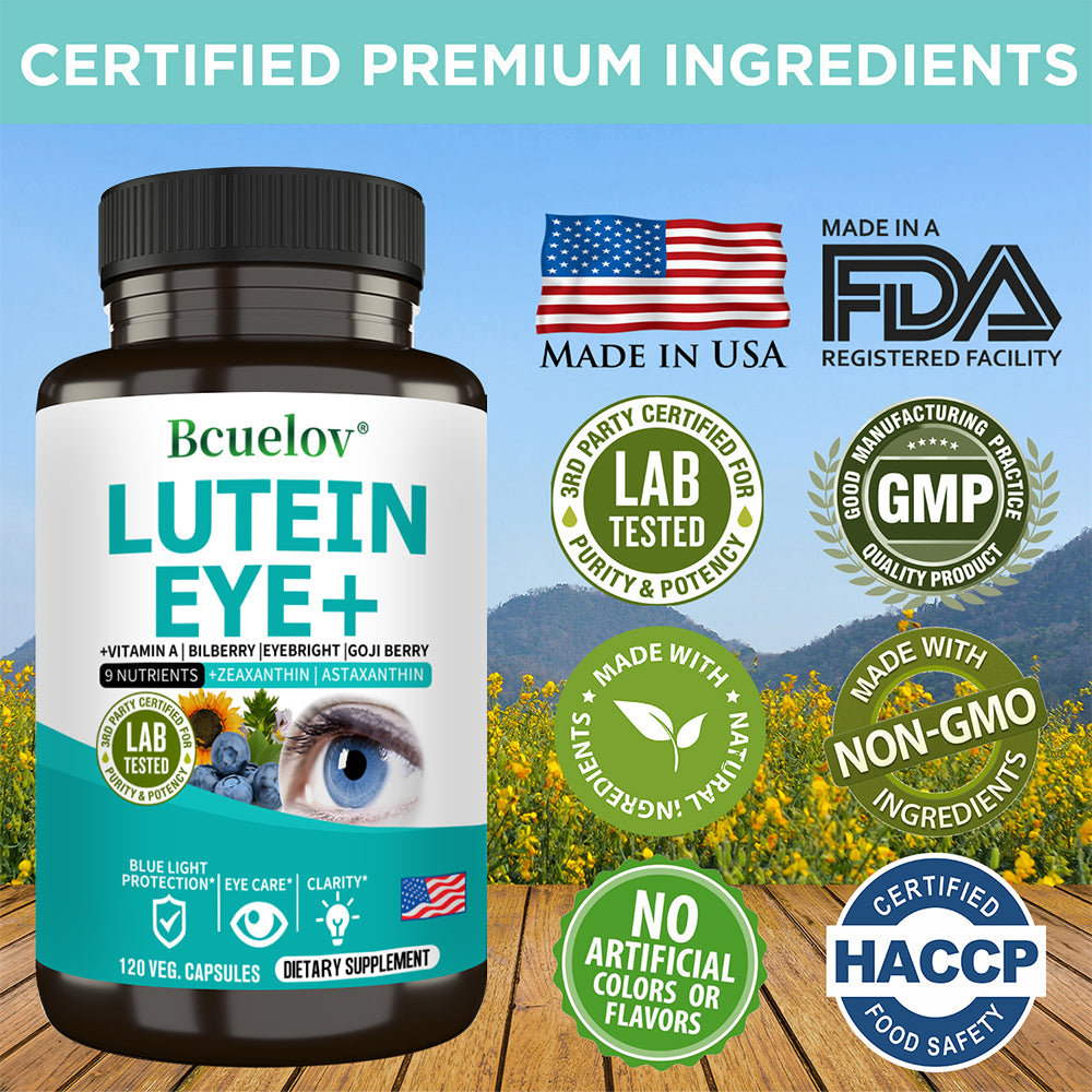 Bcuelov® Lutein Eye+ – 9-Nutrient Eye & Vision Support with Zeaxanthin, Astaxanthin & Bilberry | 30 / 60 / 120 Capsules