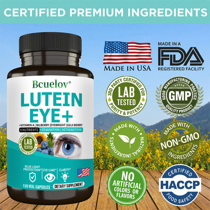 Bcuelov® Lutein Eye+ – 9-Nutrient Eye & Vision Support with Zeaxanthin, Astaxanthin & Bilberry | 30 / 60 / 120 Capsules