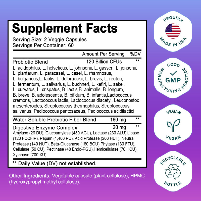 Bcuelov® 120 Billion Probiotics, Prebiotics & Digestive Enzymes – Digestive & Immune Support | 30 / 60 / 120 Capsules