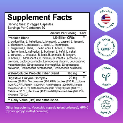 Bcuelov® 120 Billion Probiotics, Prebiotics & Digestive Enzymes – Digestive & Immune Support | 30 / 60 / 120 Capsules