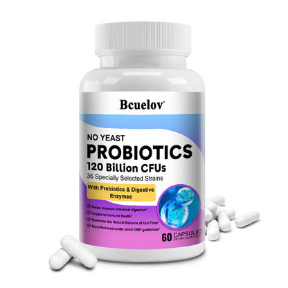 Bcuelov® 120 Billion Probiotics, Prebiotics & Digestive Enzymes – Digestive & Immune Support | 30 / 60 / 120 Capsules