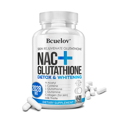 Bcuelov® NAC + Glutathione – N-Acetyl-L-Cysteine, L-Glutathione & Vitamin C for Antioxidant & Skin Health Support | 30 / 60 / 120 Capsules