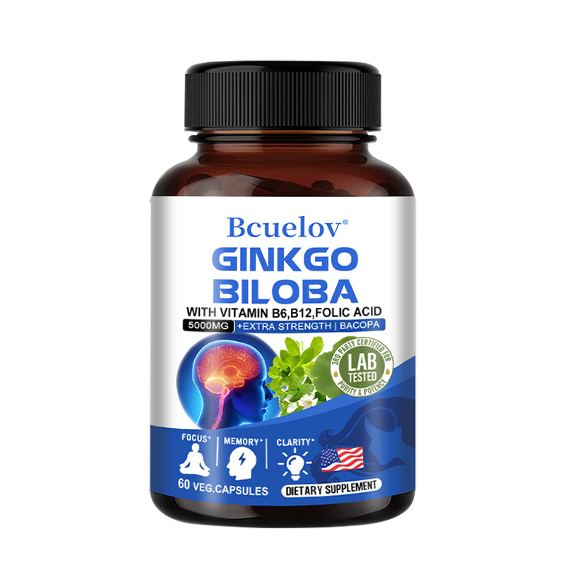 Bcuelov® Ginkgo Biloba 5000mg – Brain & Memory Support with B Vitamins | 30 / 60 / 120 Capsules