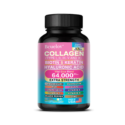 Bcuelov® Multi-Type Collagen – Biotin, Keratin & Hyaluronic Acid Support | 30 / 60 / 120 Capsules