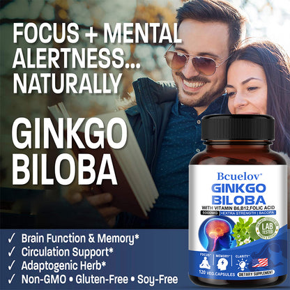 Bcuelov® Ginkgo Biloba 5000mg – Brain & Memory Support with B Vitamins | 30 / 60 / 120 Capsules