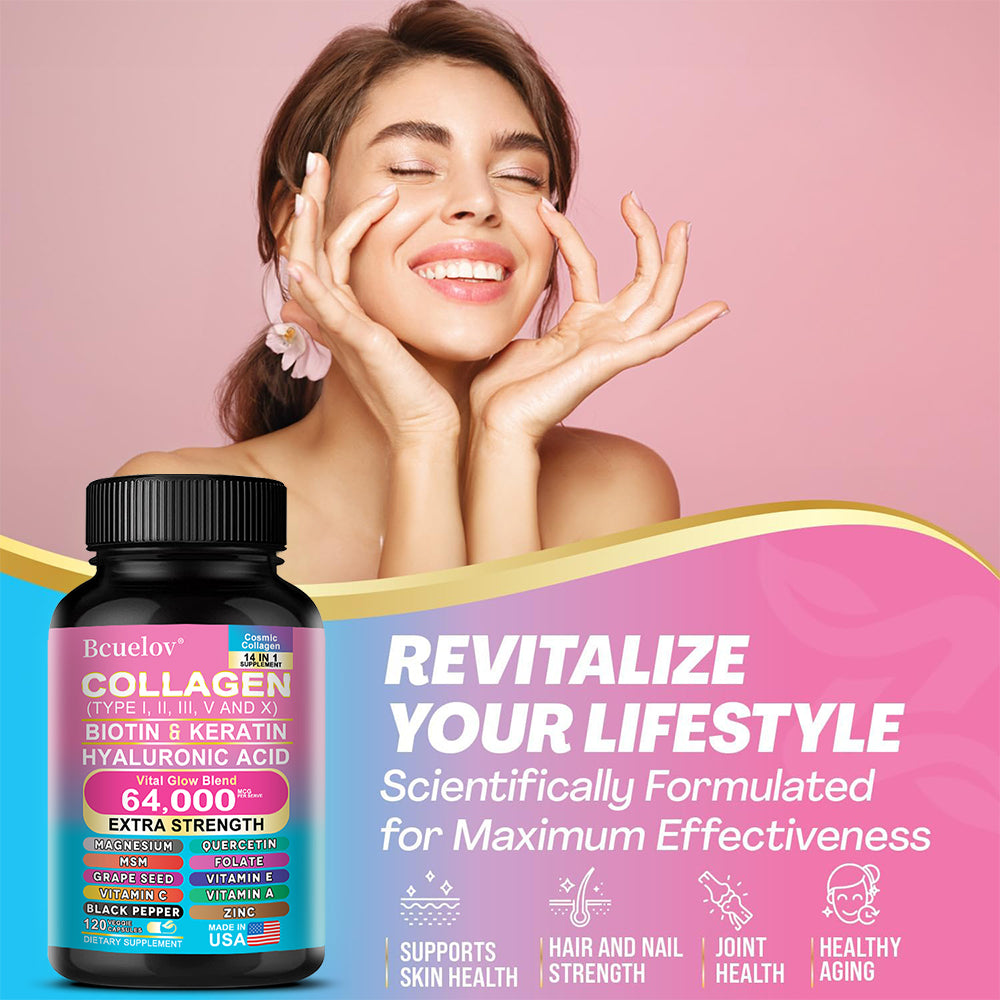 Bcuelov® Multi-Type Collagen – Biotin, Keratin & Hyaluronic Acid Support | 30 / 60 / 120 Capsules