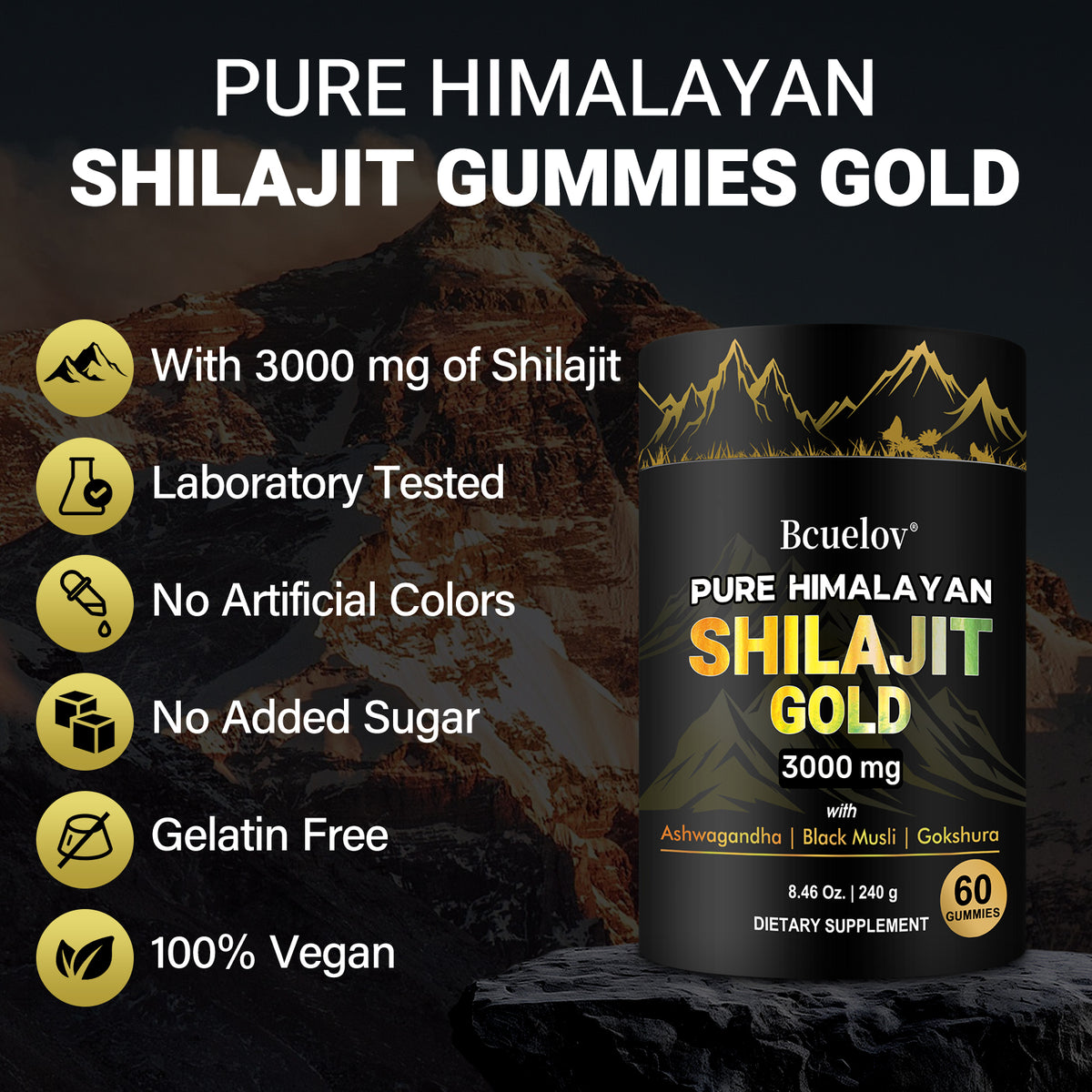 Bcuelov Himalayan Shilajit Gold Gummies with Ashwagandha & Black Musli – 60 Gummies