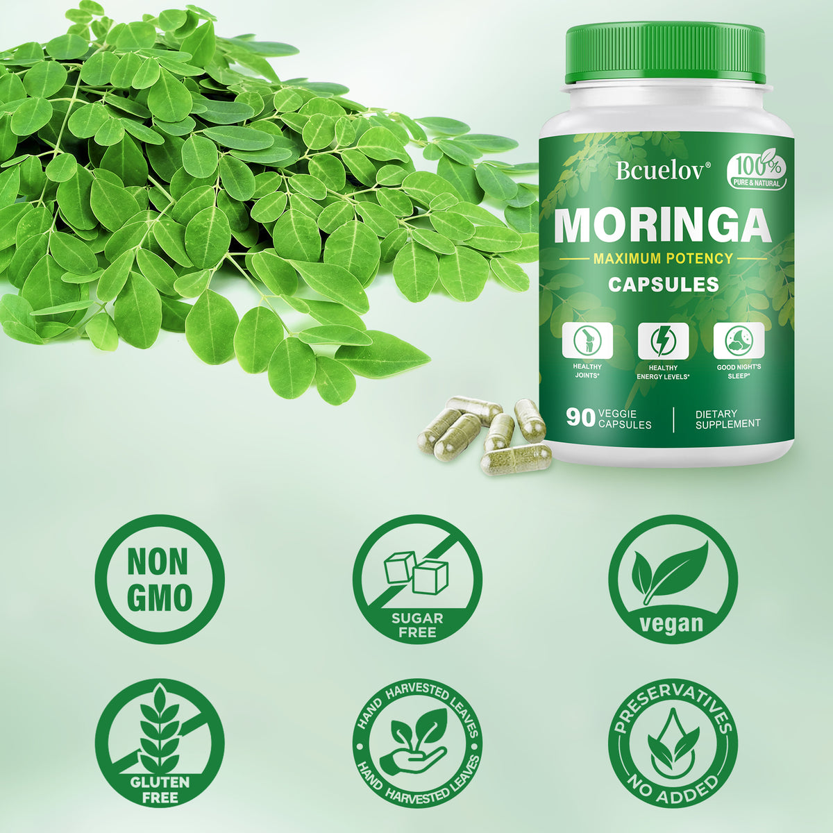 Bcuelov Moringa Capsules Natural Vitamins & Amino Acids for Energy Boost