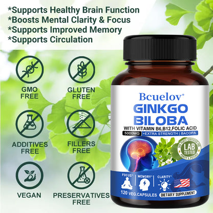 Bcuelov® Ginkgo Biloba 5000mg – Brain & Memory Support with B Vitamins | 30 / 60 / 120 Capsules