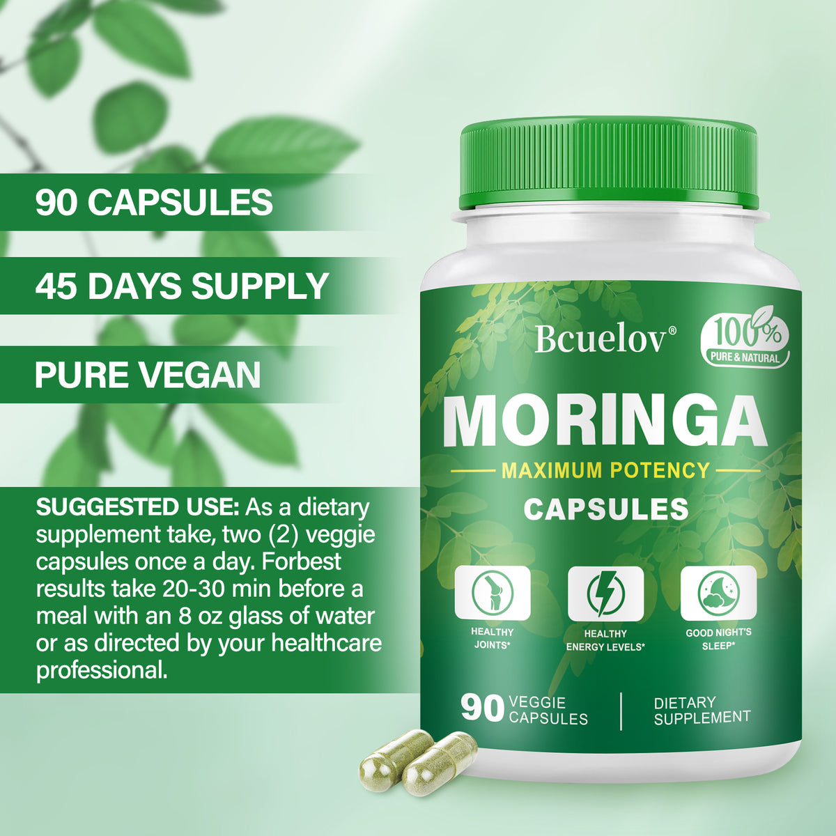 Bcuelov Moringa Capsules Natural Vitamins & Amino Acids for Energy Boost