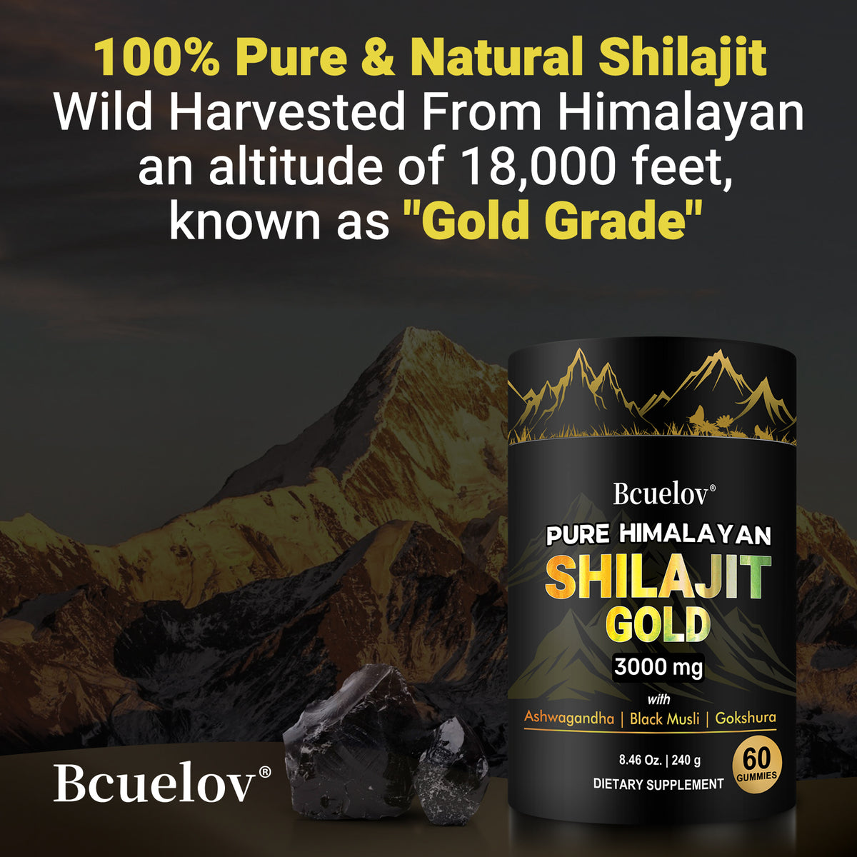 Bcuelov Himalayan Shilajit Gold Gummies with Ashwagandha & Black Musli – 60 Gummies
