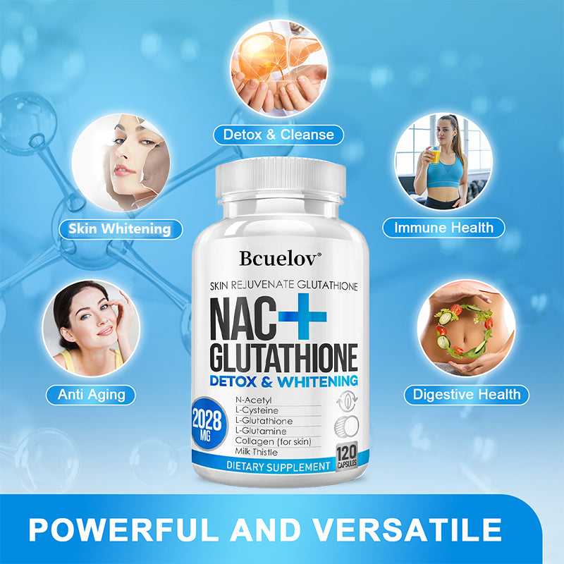 Bcuelov® NAC + Glutathione – N-Acetyl-L-Cysteine, L-Glutathione & Vitamin C for Antioxidant & Skin Health Support | 30 / 60 / 120 Capsules