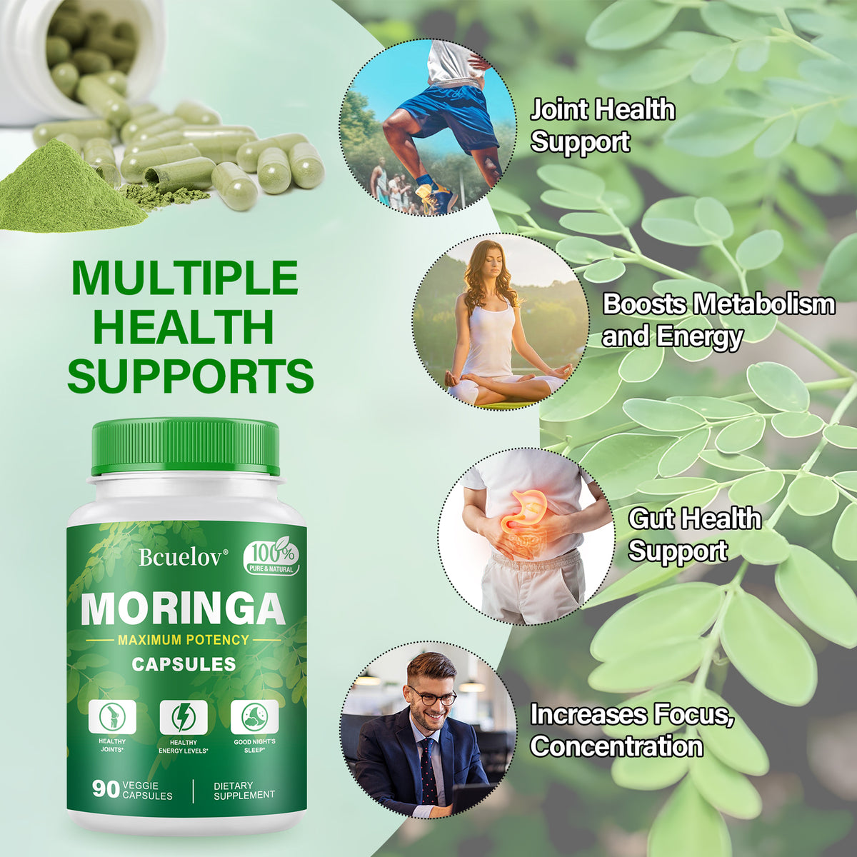 Bcuelov Moringa Capsules Natural Vitamins & Amino Acids for Energy Boost