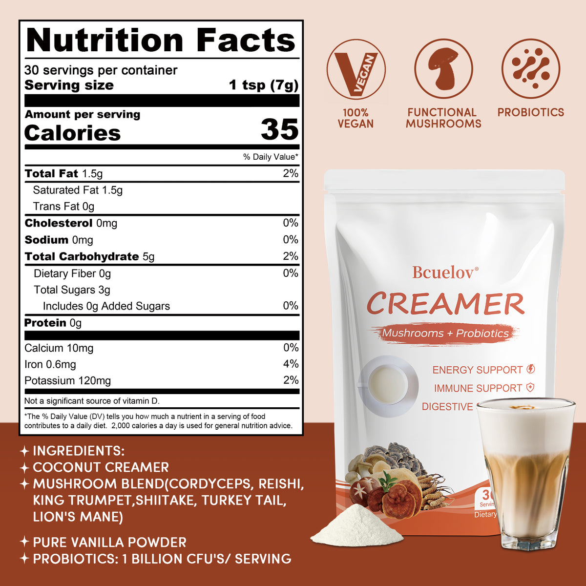 Bcuelov® Superfood Mushroom Creamer Powder – Energy, Focus & Digestion Support