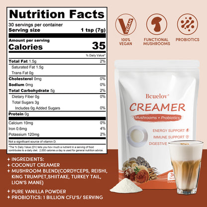 Bcuelov® Superfood Mushroom Creamer Powder – Energy, Focus & Digestion Support