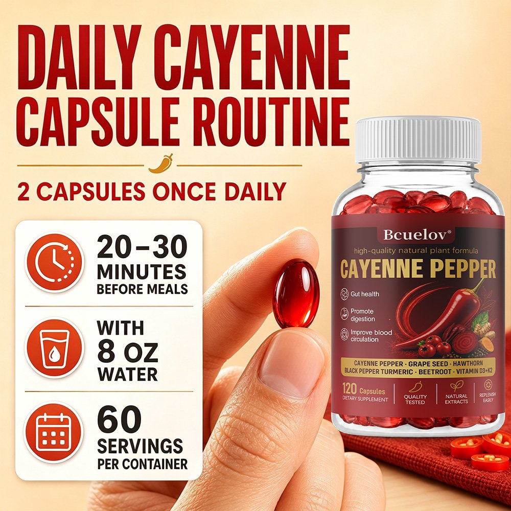 Bcuelov Cayenne Pepper Complex with Vitamins D3, K2 & E – 120 Capsules