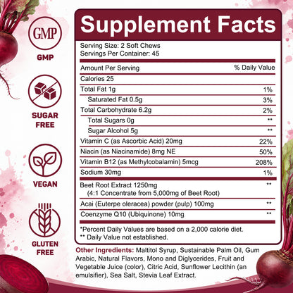 Bcuelov® Beet Root + CoQ10 Soft Chews | Daily Heart & Circulation Support | Mixed Berry Flavor | 90 Count