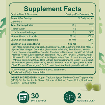 Bculeov® 16-in-1 Sea Moss Gummies 6,000mg – Irish Sea Moss Supplement with Black Seed Oil, Ashwagandha & ACV for Immune & Thyroid Support (Green Apple)