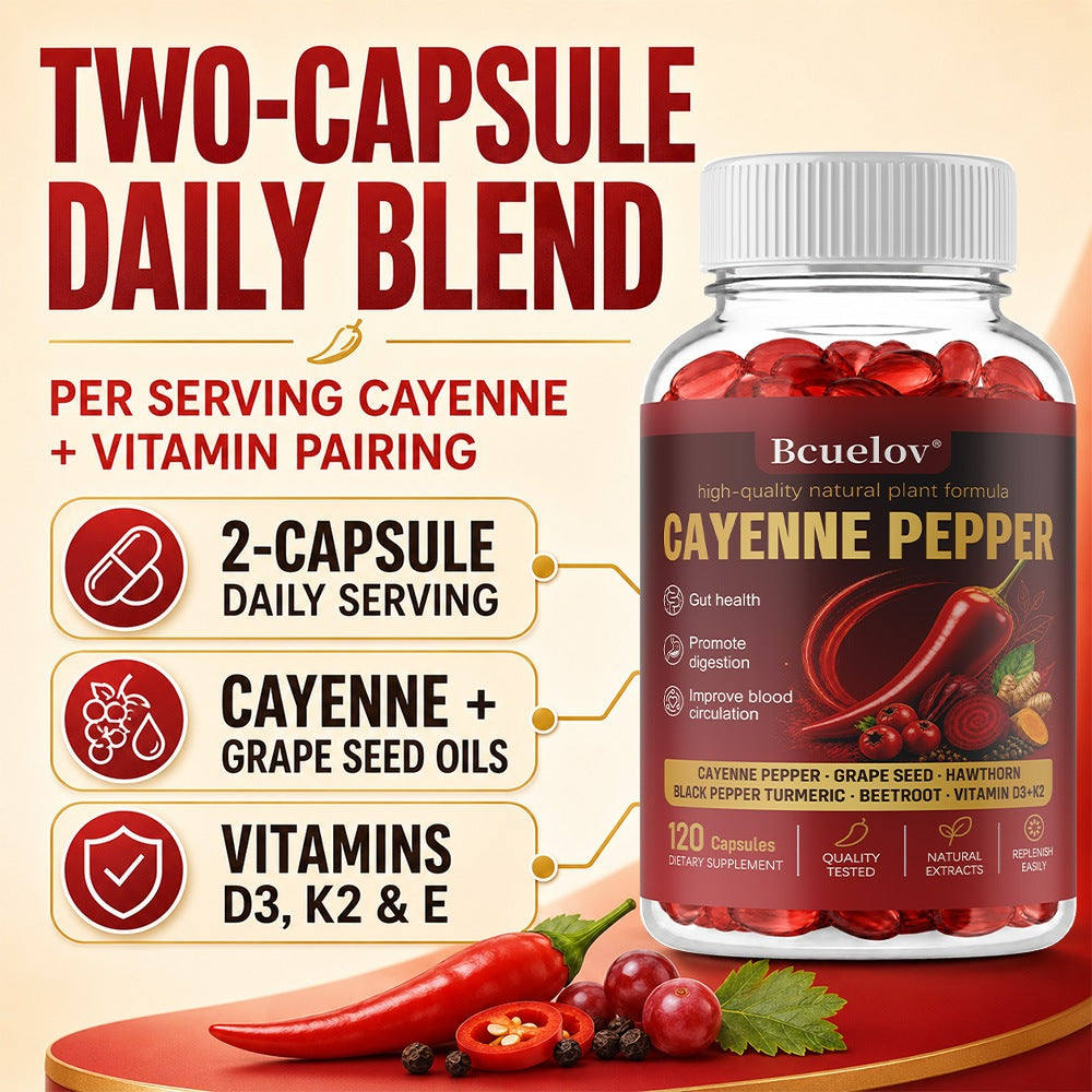 Bcuelov Cayenne Pepper Complex with Vitamins D3, K2 & E – 120 Capsules