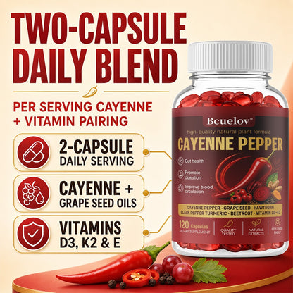 Bcuelov Cayenne Pepper Complex with Vitamins D3, K2 & E – 120 Capsules