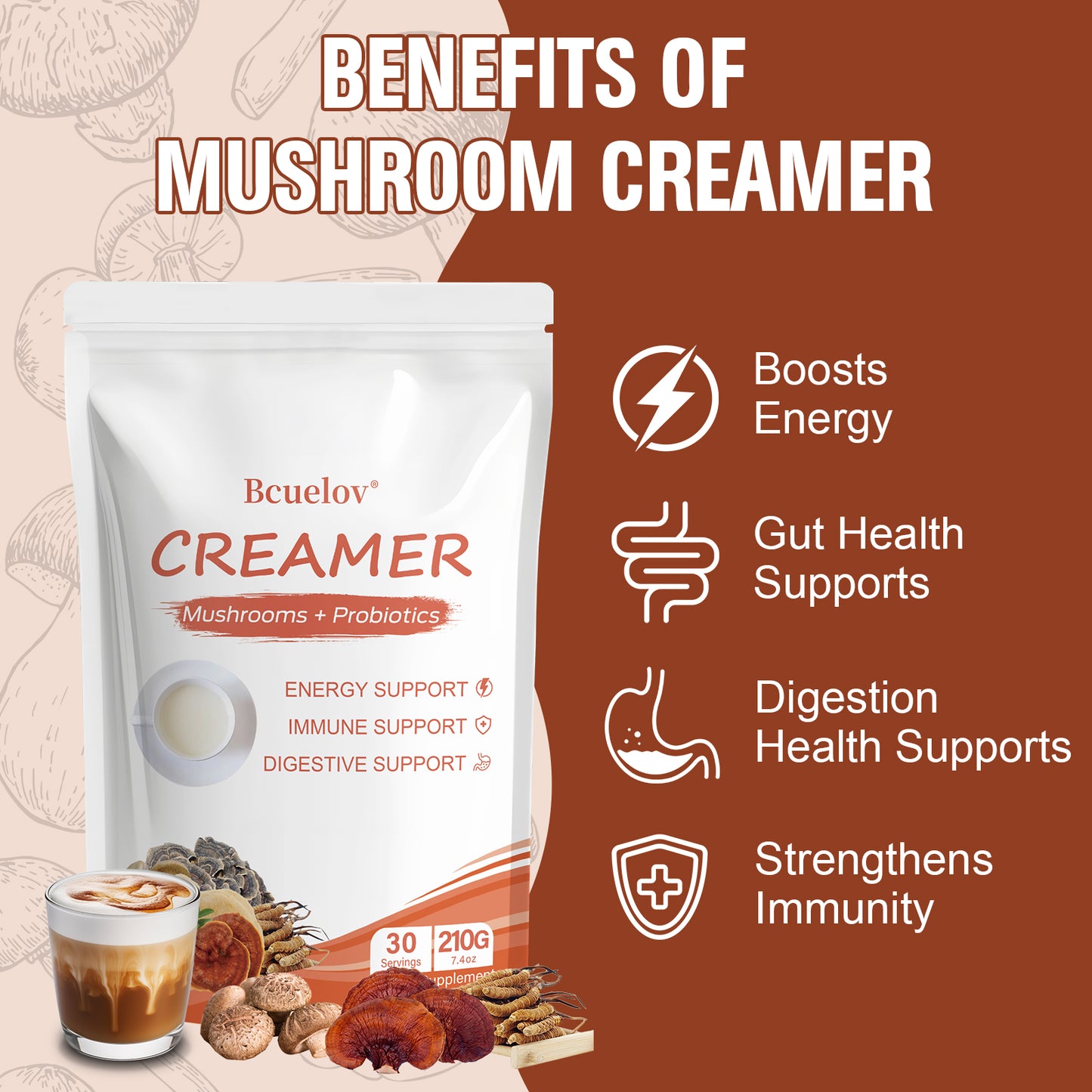 Bcuelov® Superfood Mushroom Creamer Powder – Energy, Focus & Digestion Support