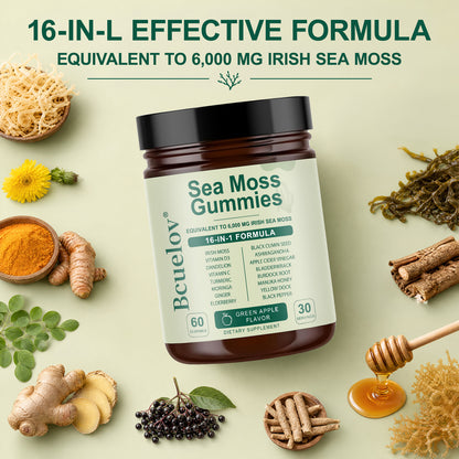 Bculeov® 16-in-1 Sea Moss Gummies 6,000mg – Irish Sea Moss Supplement with Black Seed Oil, Ashwagandha & ACV for Immune & Thyroid Support (Green Apple)
