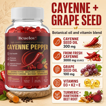 Bcuelov Cayenne Pepper Complex with Vitamins D3, K2 & E – 120 Capsules