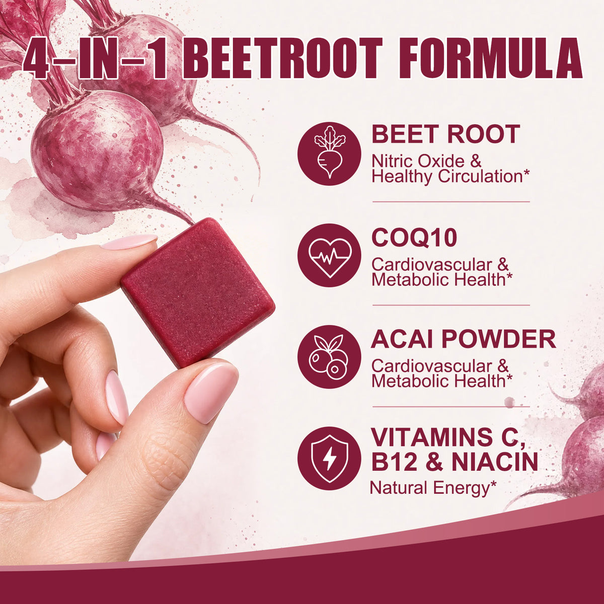 Bcuelov® Beet Root + CoQ10 Soft Chews | Daily Heart & Circulation Support | Mixed Berry Flavor | 90 Count