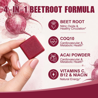 Bcuelov® Beet Root + CoQ10 Soft Chews | Daily Heart & Circulation Support | Mixed Berry Flavor | 90 Count