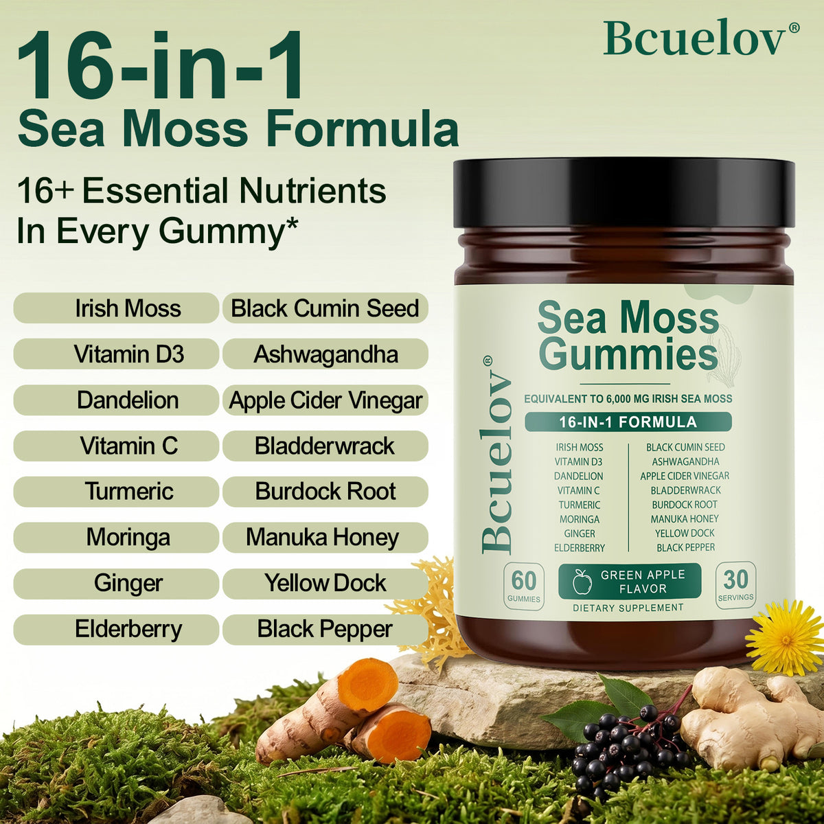Bculeov® 16-in-1 Sea Moss Gummies 6,000mg – Irish Sea Moss Supplement with Black Seed Oil, Ashwagandha & ACV for Immune & Thyroid Support (Green Apple)